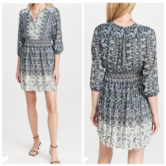 Shoshanna Mirza Dress Blue Geo Ikat Smocked Waist 3/4 Sleeves Mini/Midi 10 NEW - Picture 1 of 8
